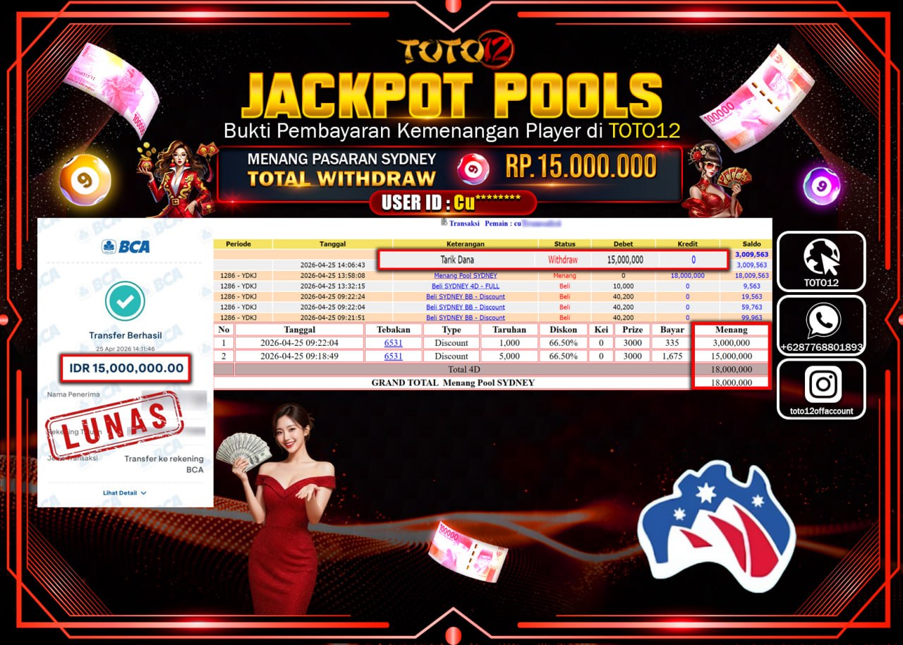 HANYA DI TOTO12 JP PASTI DI BAYAR LUNAS DAN CEPAT!!!!!! JACKPOT POOLS PASARAN( SYDNEY ) Rp.15.000.000!!!!
