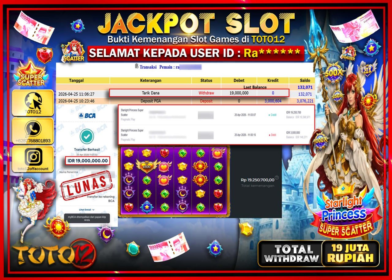 HANYA DI TOTO12 JP PASTI DI BAYAR LUNAS DAN CEPAT!!!!!! JACKPOT SLOT GAME (STARLIGHT PRINCESS SUPER SCATTER) Rp.19.000.000!!!!