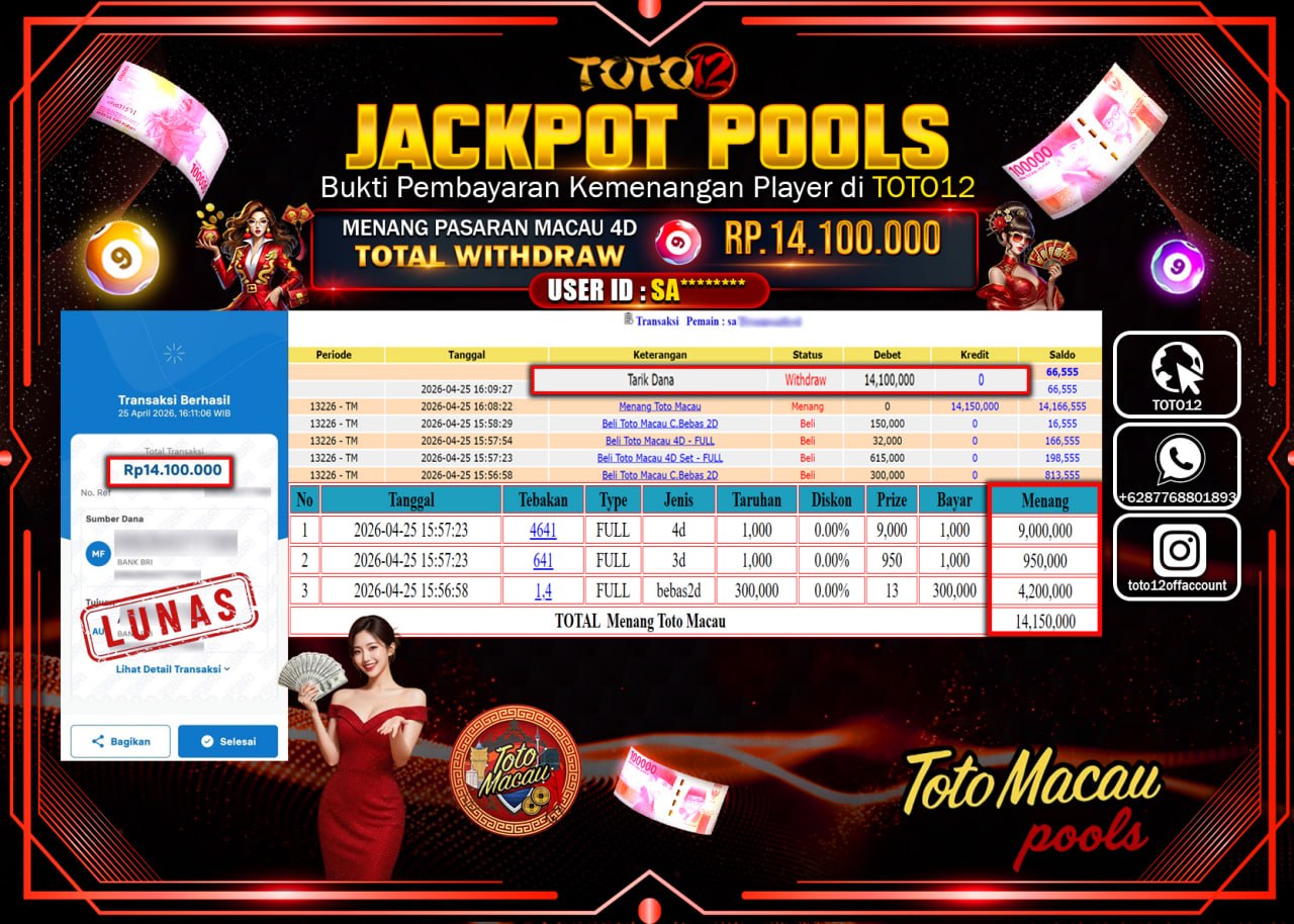 HANYA DI TOTO12 JP PASTI DI BAYAR LUNAS DAN CEPAT!!!!!! JACKPOT POOLS PASARAN(MACAU 4D) Rp.14.100.000!!!!