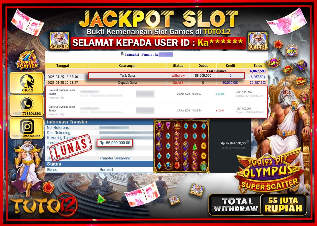 HANYA DI TOTO12 JP PASTI DI BAYAR LUNAS DAN CEPAT!!!!!! JACKPOT SLOT GAME (GATES OF OLYMPUS SUPER SCATTER) Rp.55.000.000!!!!