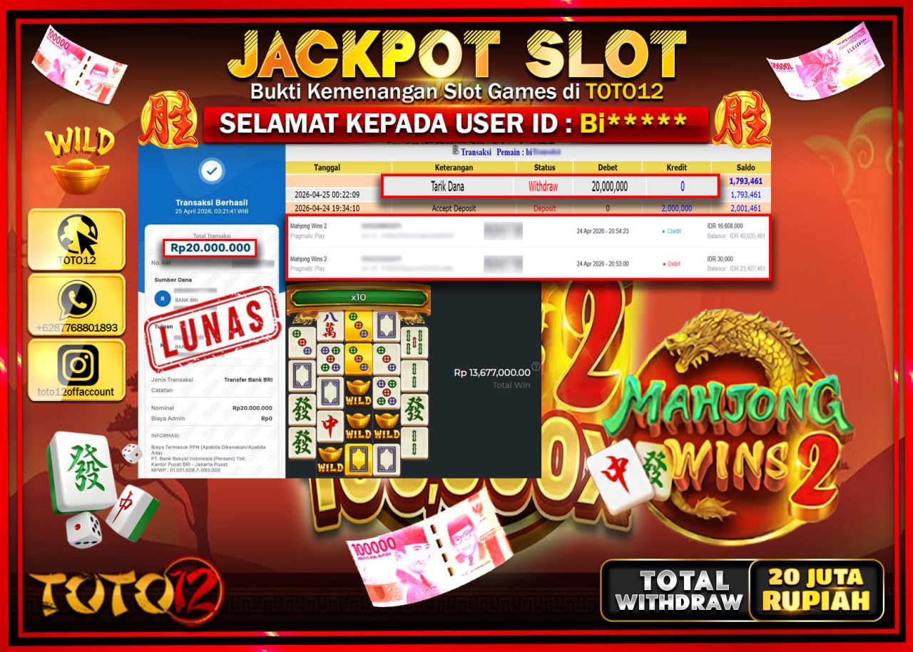HANYA DI TOTO12 JP PASTI DI BAYAR LUNAS DAN CEPAT!!!!!! JACKPOT SLOT GAME (MAHJONG WINS 2) Rp.20.000.000!!!!