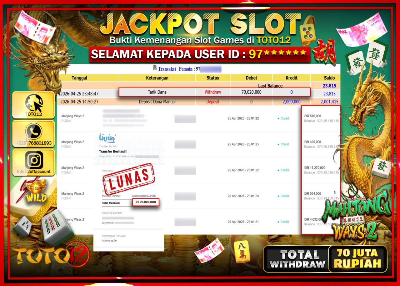 HANYA DI TOTO12 JP PASTI DI BAYAR LUNAS DAN CEPAT!!!!!! JACKPOT SLOT GAME (MAHJONG WAYS 2) Rp.70.020.000!!!!