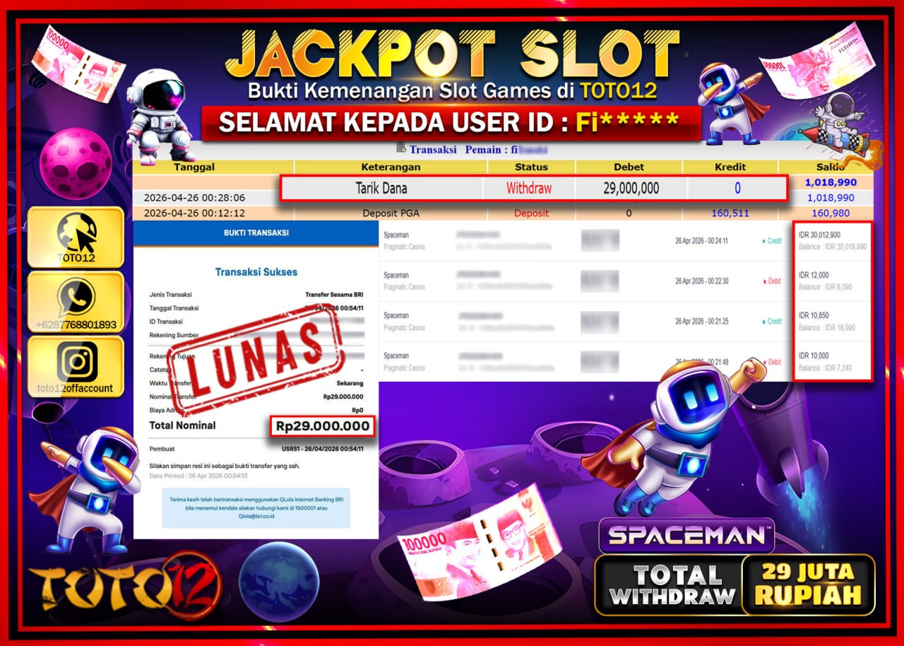 HANYA DI TOTO12 JP PASTI DI BAYAR LUNAS DAN CEPAT!!!!!! JACKPOT SLOT GAME (SPACEMAN) Rp.29.000.000!!!!