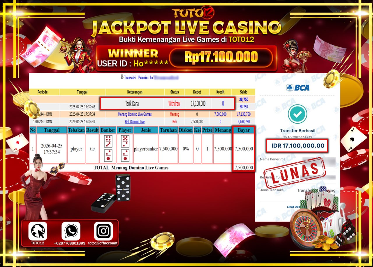 HANYA DI TOTO12 JP PASTI DI BAYAR LUNAS DAN CEPAT!!!!!! JACKPOT  LIVE GAME CASINO (DOMINO) Rp.17.100.000!!!!