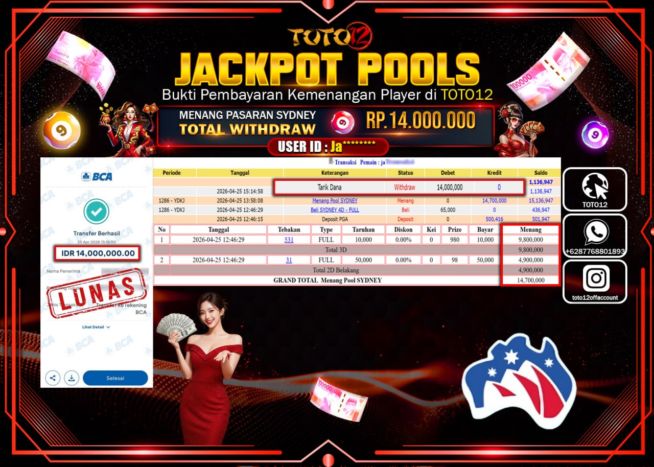 HANYA DI TOTO12 JP PASTI DI BAYAR LUNAS DAN CEPAT!!!!!! JACKPOT POOLS PASARAN( SYDNEY ) Rp.14.000.000!!!!