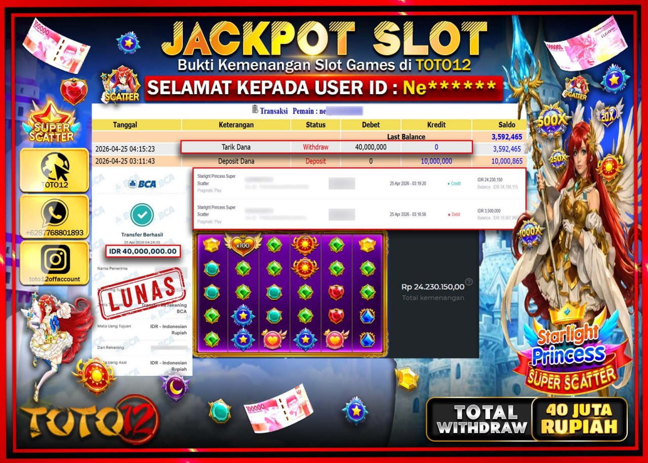 HANYA DI TOTO12 JP PASTI DI BAYAR LUNAS DAN CEPAT!!!!!! JACKPOT SLOT GAME (STARLIGHT PRINCESS SUPER SCATTER) Rp.40.000.000!!!!