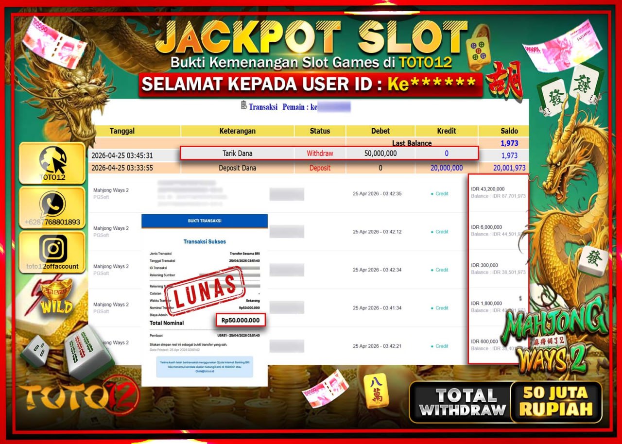 HANYA DI TOTO12 JP PASTI DI BAYAR LUNAS DAN CEPAT!!!!!! JACKPOT SLOT GAME (MAHJONG WAYS 2) Rp.50.000.000!!!!