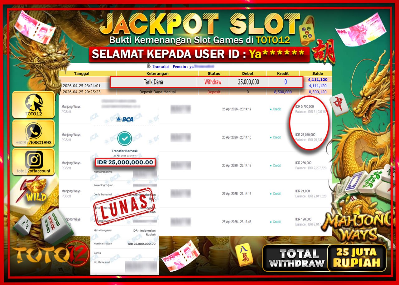 HANYA DI TOTO12 JP PASTI DI BAYAR LUNAS DAN CEPAT!!!!!! JACKPOT SLOT GAME (MAHJONG WAYS) Rp.25.000.000!!!!