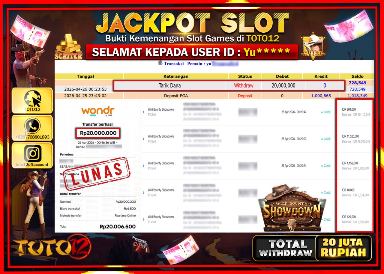 HANYA DI TOTO12 JP PASTI DI BAYAR LUNAS DAN CEPAT!!!!!! JACKPOT SLOT GAME (WILD BOUNTY SHOWDOWN) Rp.20.000.000!!!!