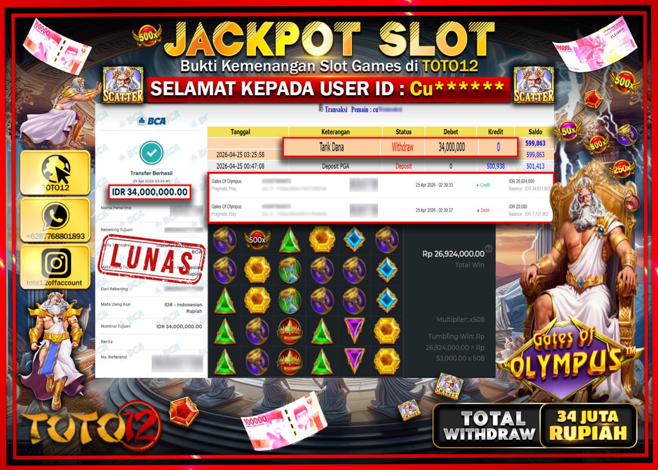 HANYA DI TOTO12 JP PASTI DI BAYAR LUNAS DAN CEPAT!!!!!! JACKPOT SLOT GAME (GATES OF OLYMPUS) Rp.34.000.000!!!!