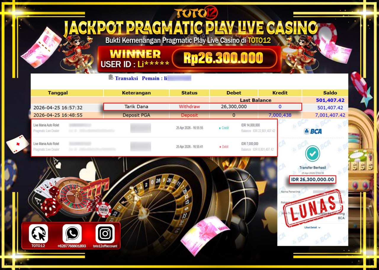 HANYA DI TOTO12 JP PASTI DI BAYAR LUNAS DAN CEPAT!!!!!! JACKPOT PRAGMATIC PLAY LIVE GAME CASINO (LIVE MANIA AUTO ROBOT) Rp.26.300.000!!!!