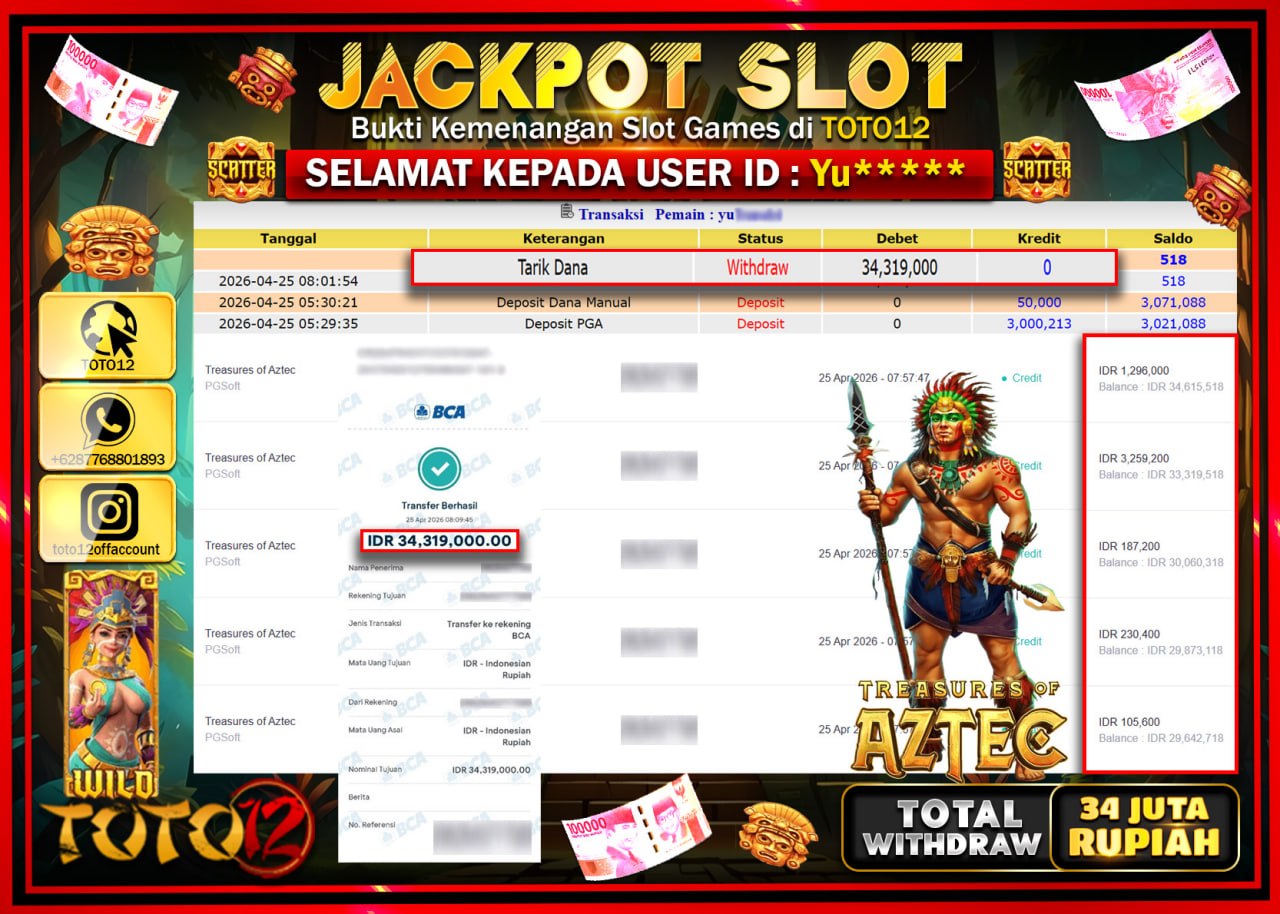 HANYA DI TOTO12 JP PASTI DI BAYAR LUNAS DAN CEPAT!!!!!! JACKPOT SLOT GAME (TREASURES OF AZTEC) Rp.34.319.000!!!!