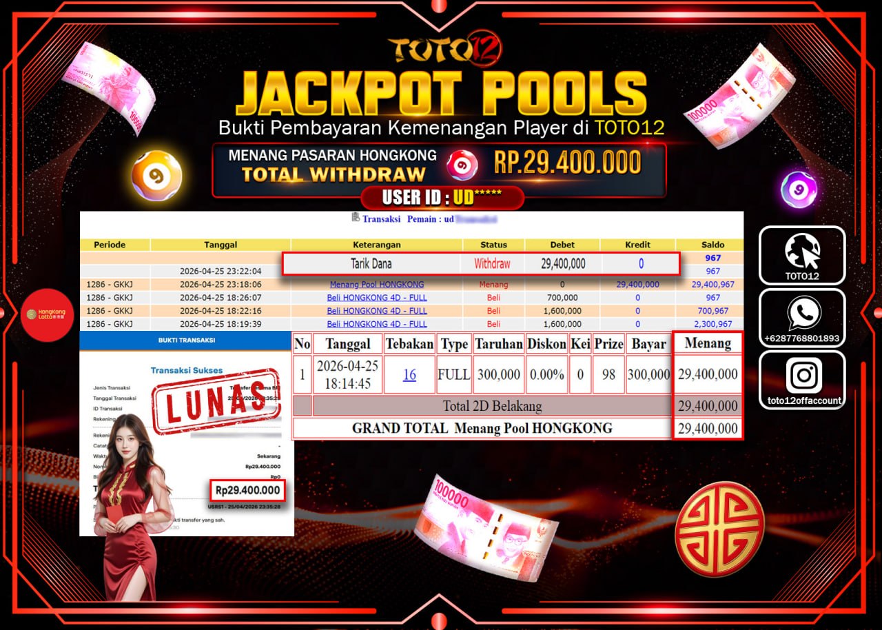 HANYA DI TOTO12 JP PASTI DI BAYAR LUNAS DAN CEPAT!!!!!! JACKPOT POOLS PASARAN( HONGKONG ) Rp.29.400.000!!!!