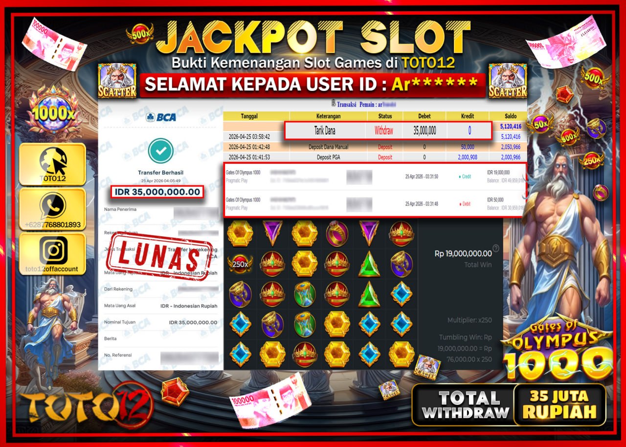 HANYA DI TOTO12 JP PASTI DI BAYAR LUNAS DAN CEPAT!!!!!! JACKPOT SLOT GAME (GATES OF OLYMPUS 1000) Rp.35.000.000!!!!