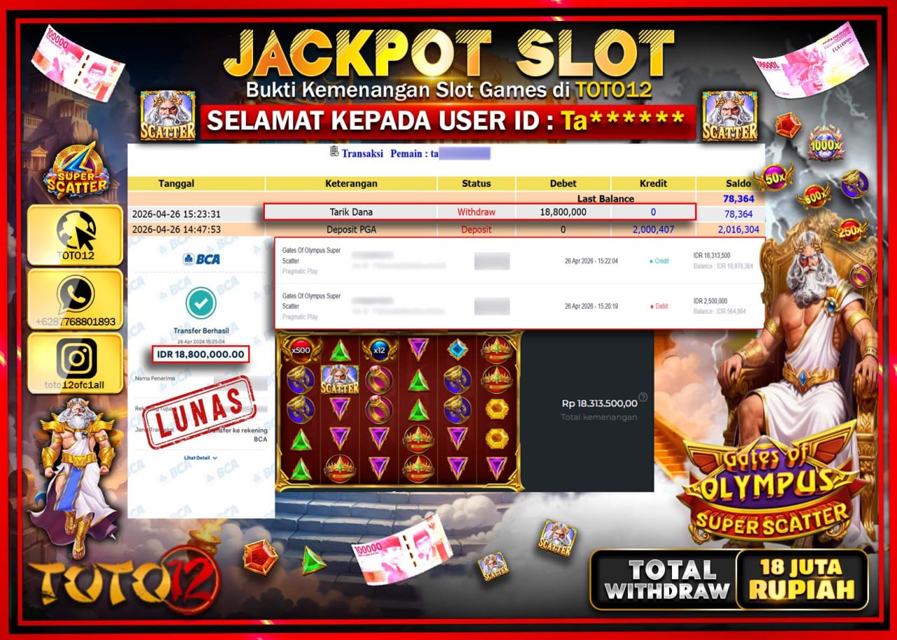 HANYA DI TOTO12 JP PASTI DI BAYAR LUNAS DAN CEPAT!!!!!! JACKPOT SLOT GAME (GATES OF OLYMPUS SUPER SCATTER) Rp.18.800.000!!!!