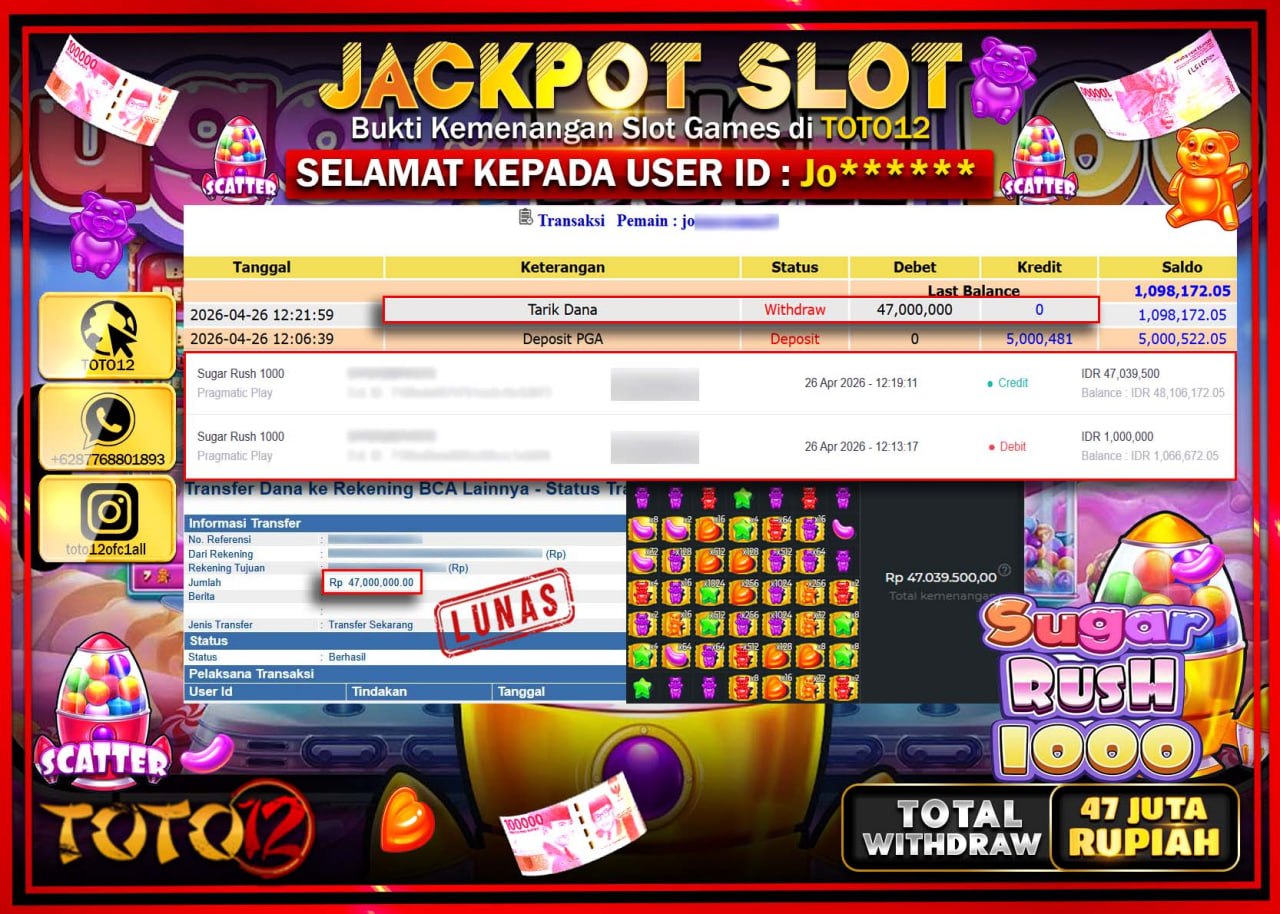HANYA DI TOTO12 JP PASTI DI BAYAR LUNAS DAN CEPAT!!!!!! JACKPOT SLOT GAME (SUGAR RUSH 1000) Rp.47.000.000!!!!