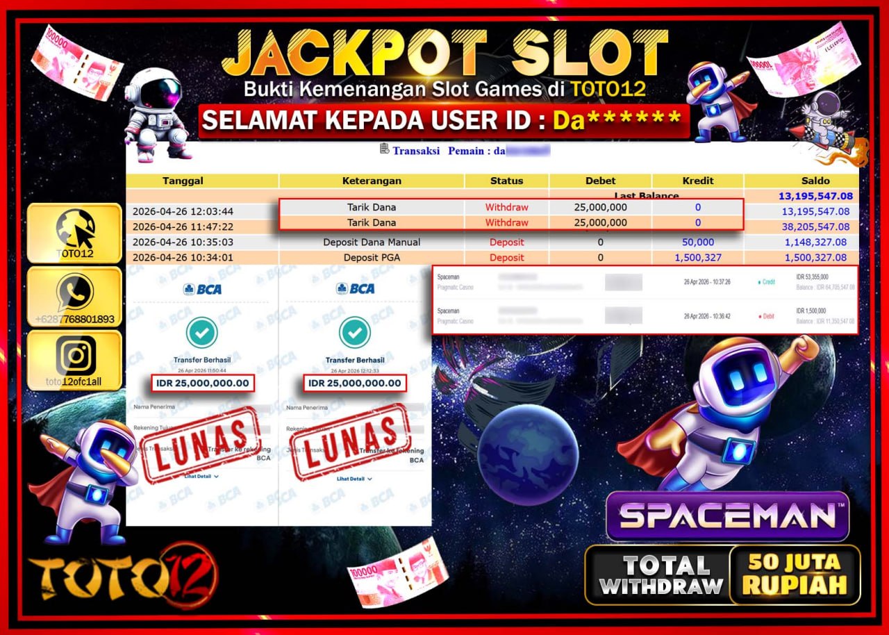 HANYA DI TOTO12 JP PASTI DI BAYAR LUNAS DAN CEPAT!!!!!! JACKPOT SLOT GAME (SPACEMAN) Rp.50.000.000!!!!