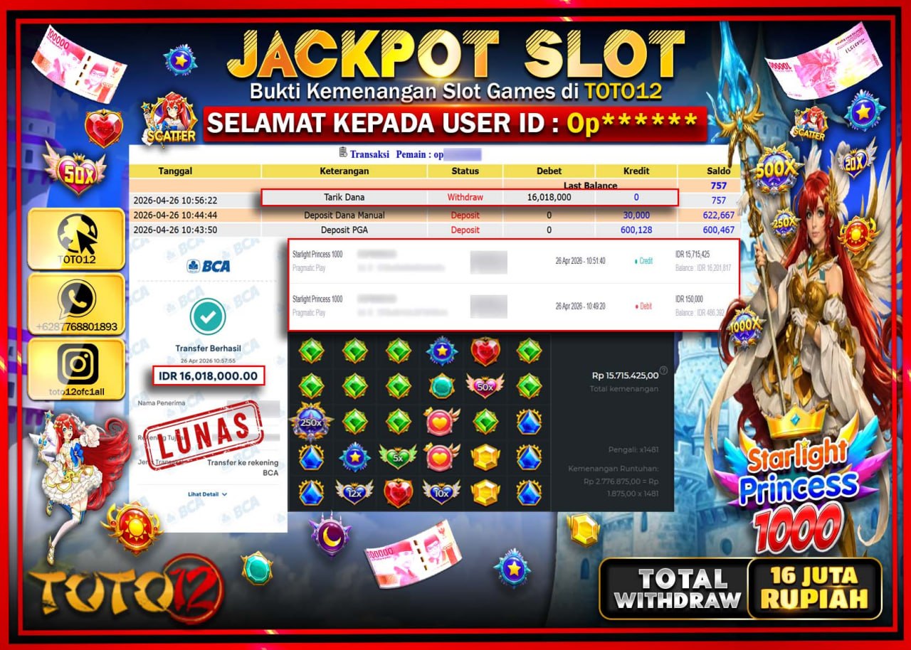 HANYA DI TOTO12 JP PASTI DI BAYAR LUNAS DAN CEPAT!!!!!! JACKPOT SLOT GAME (STARLIGHT PRINCESS 1000) Rp.16.018.000!!!!