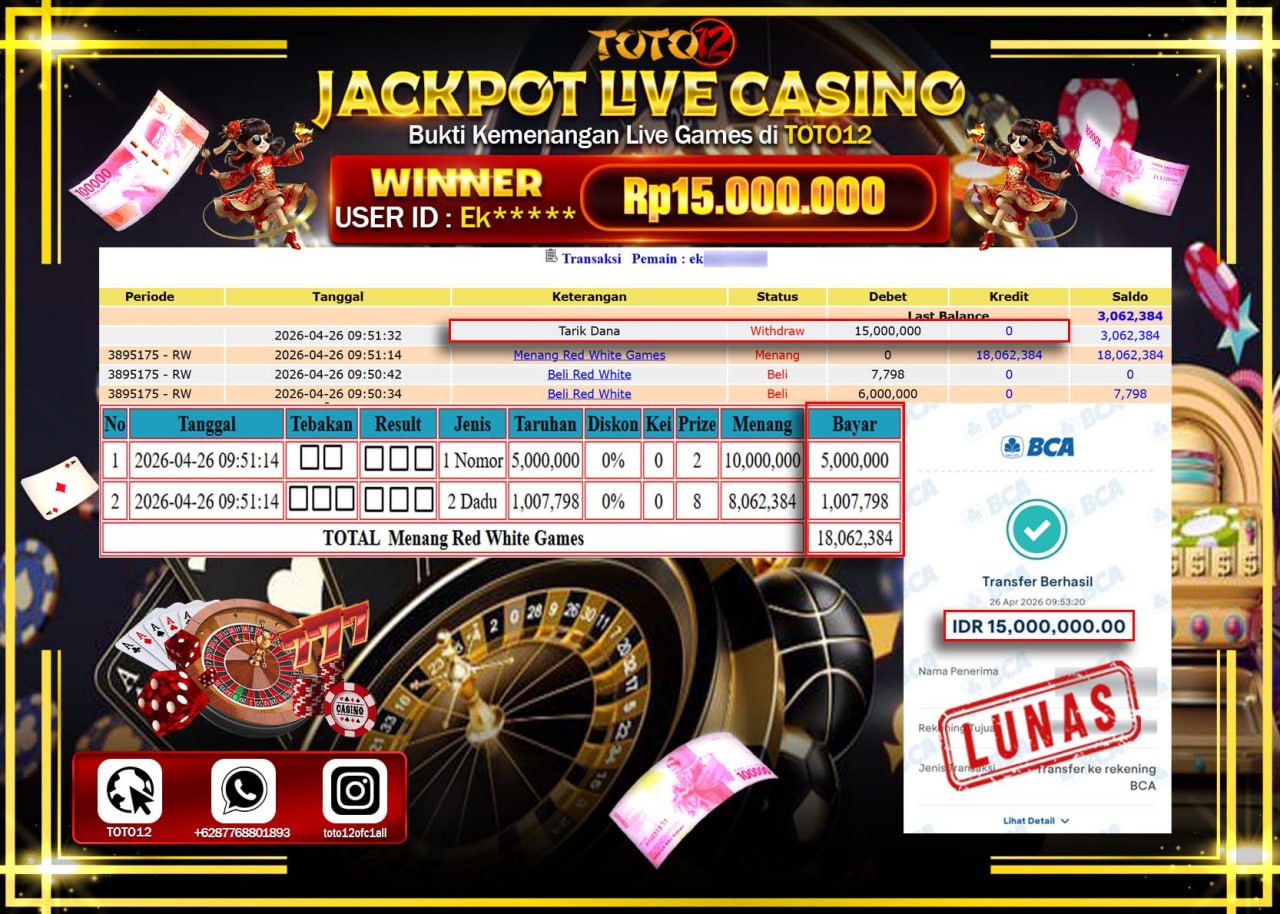 HANYA DI TOTO12 JP PASTI DI BAYAR LUNAS DAN CEPAT!!!!!! JACKPOT  LIVE GAME CASINO (RED WHITE) Rp.15.000.000!!!!