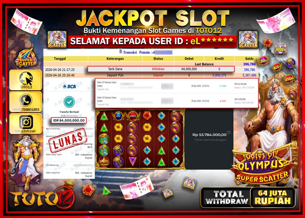 HANYA DI TOTO12 JP PASTI DI BAYAR LUNAS DAN CEPAT!!!!!! JACKPOT SLOT GAME (GATES OF OLYMPUS SUPER SCATTER) Rp.64.000.000!!!!