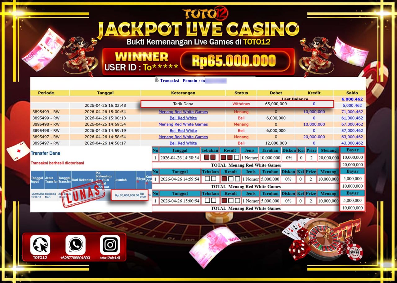 HANYA DI TOTO12 JP PASTI DI BAYAR LUNAS DAN CEPAT!!!!!! JACKPOT  LIVE GAME CASINO (RED WHITE) Rp.65.000.000!!!!