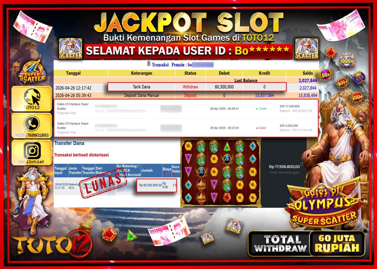 HANYA DI TOTO12 JP PASTI DI BAYAR LUNAS DAN CEPAT!!!!!! JACKPOT SLOT GAME (GATES OF OLYMPUS SUPER SCATTER) Rp.60.500.000!!!!