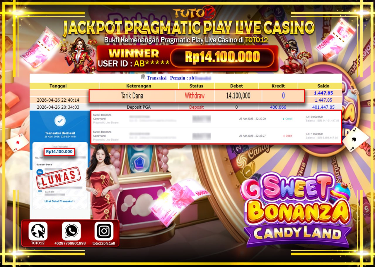 HANYA DI TOTO12 JP PASTI DI BAYAR LUNAS DAN CEPAT!!!!!! JACKPOT PRAGMATIC PLAY LIVE GAME CASINO (SWEET BONANZA CANDYLAND) Rp.14.100.000!!!!