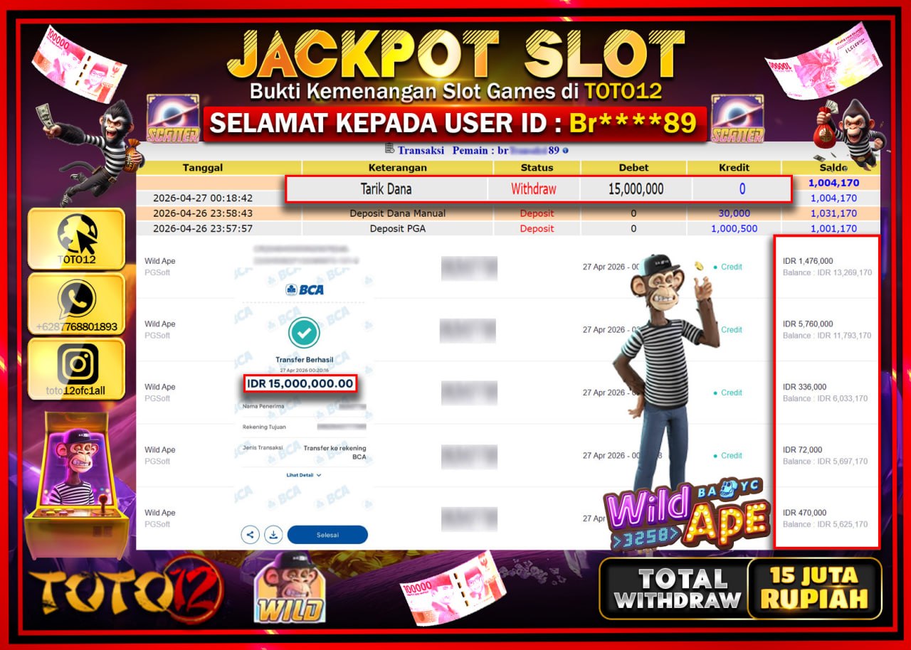 HANYA DI TOTO12 JP PASTI DI BAYAR LUNAS DAN CEPAT!!!!!! JACKPOT SLOT GAME (WILD APE) Rp.15.000.000!!!!