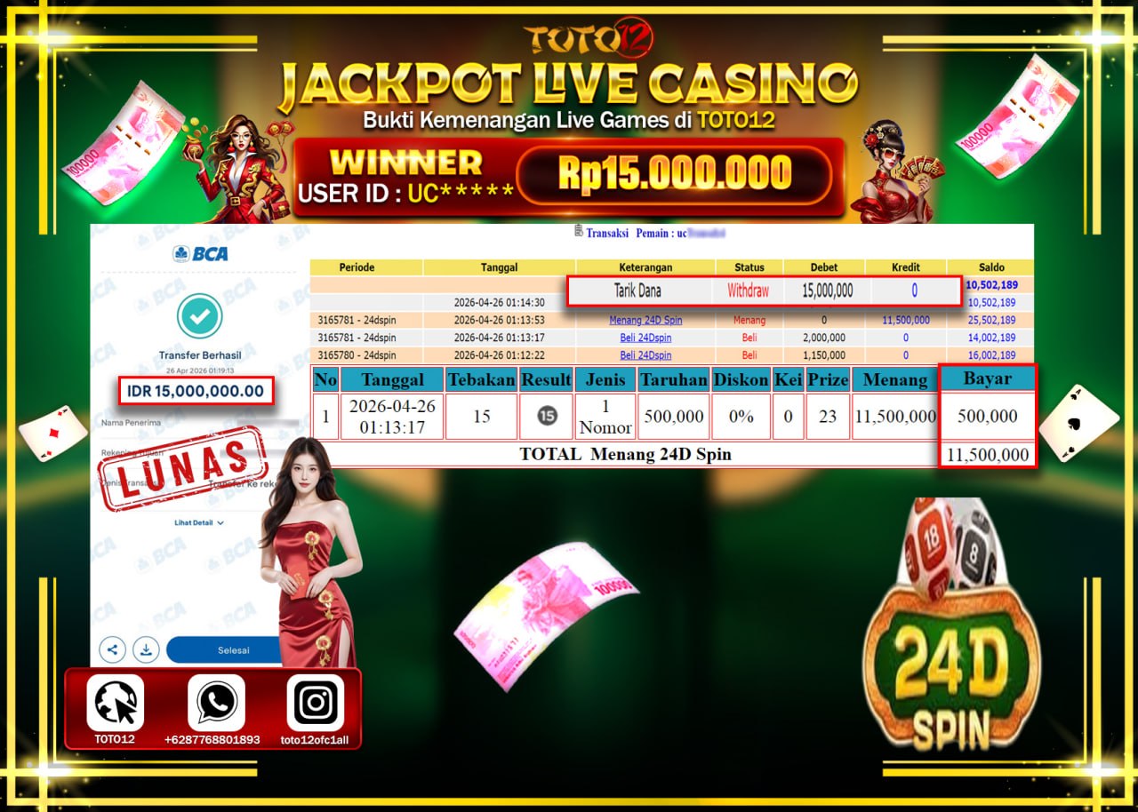 HANYA DI TOTO12 JP PASTI DI BAYAR LUNAS DAN CEPAT!!!!!! JACKPOT  LIVE GAME CASINO (24DSPIN) Rp.15.000.000!!!!