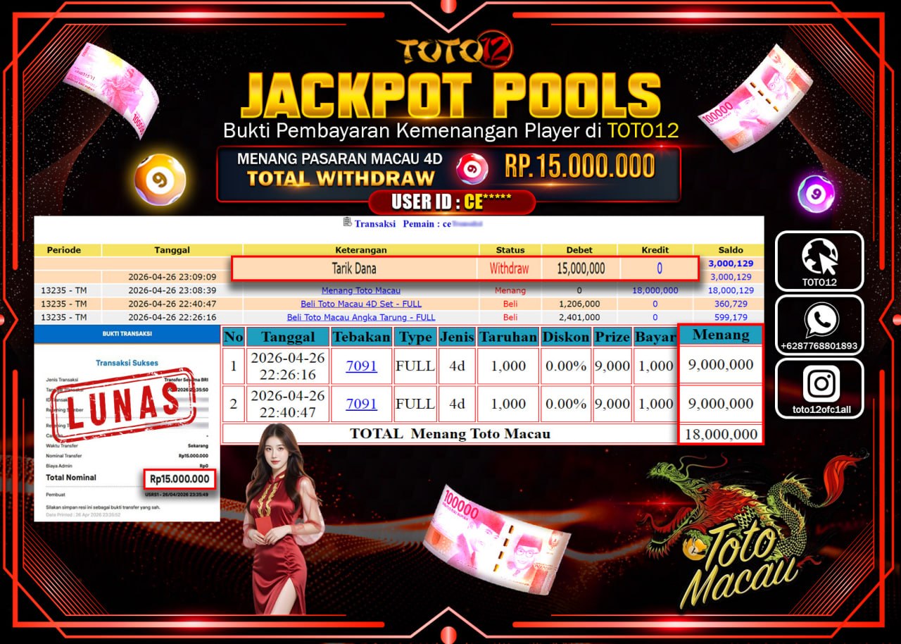 HANYA DI TOTO12 JP PASTI DI BAYAR LUNAS DAN CEPAT!!!!!! JACKPOT POOLS PASARAN(MACAU 4D) Rp.15.000.000!!!!