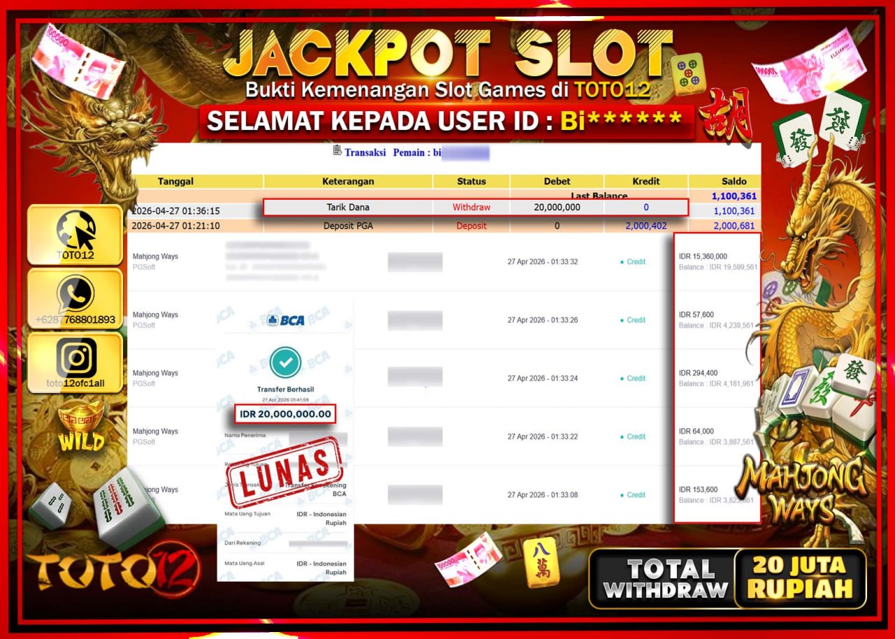HANYA DI TOTO12 JP PASTI DI BAYAR LUNAS DAN CEPAT!!!!!! JACKPOT SLOT GAME (MAHJONG WAYS) Rp.20.000.000!!!!