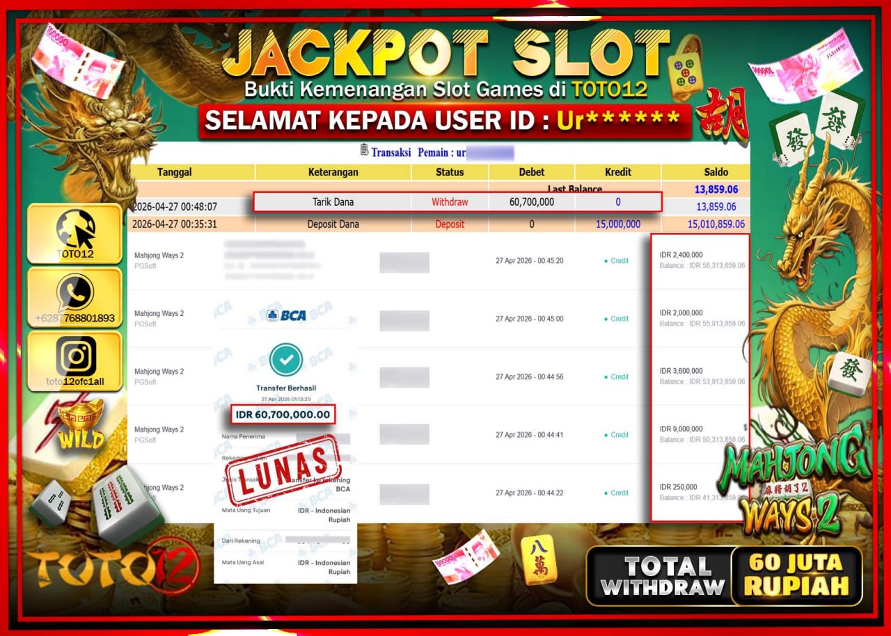 HANYA DI TOTO12 JP PASTI DI BAYAR LUNAS DAN CEPAT!!!!!! JACKPOT SLOT GAME (MAHJONG WAYS 2) Rp.60.700.000!!!!