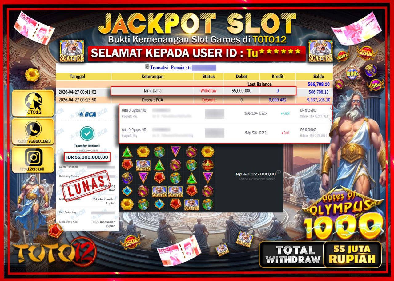 HANYA DI TOTO12 JP PASTI DI BAYAR LUNAS DAN CEPAT!!!!!! JACKPOT SLOT GAME (GATES OF OLYMPUS 1000) Rp.55.000.000!!!!