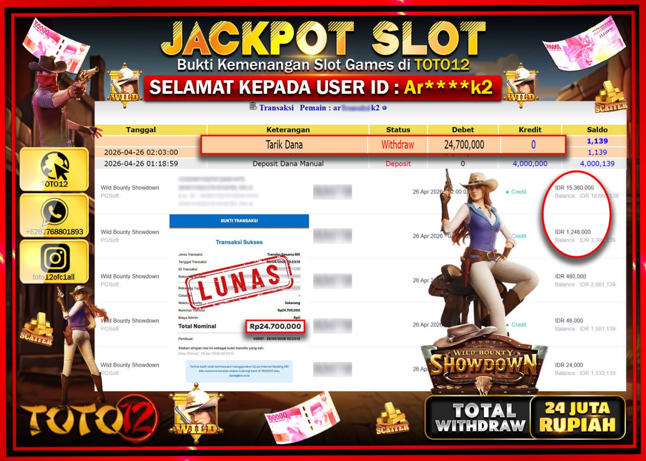 HANYA DI TOTO12 JP PASTI DI BAYAR LUNAS DAN CEPAT!!!!!! JACKPOT SLOT GAME (WILD BOUNTY SHOWDOWN) Rp.24.700.000!!!!