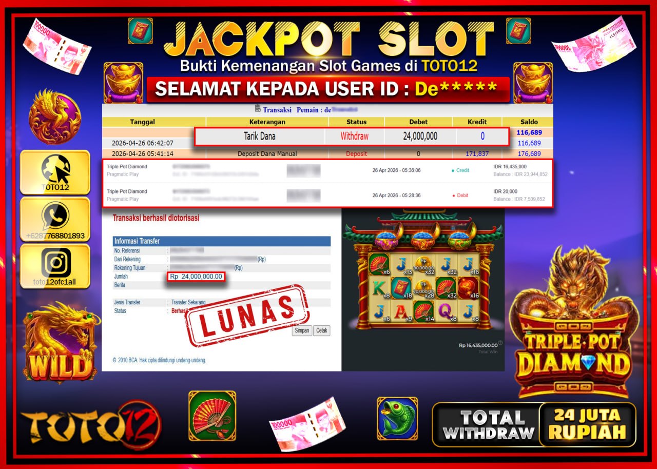 HANYA DI TOTO12 JP PASTI DI BAYAR LUNAS DAN CEPAT!!!!!! JACKPOT SLOT GAME (TRIPLE POT DIAMOND) Rp.24.000.000!!!!