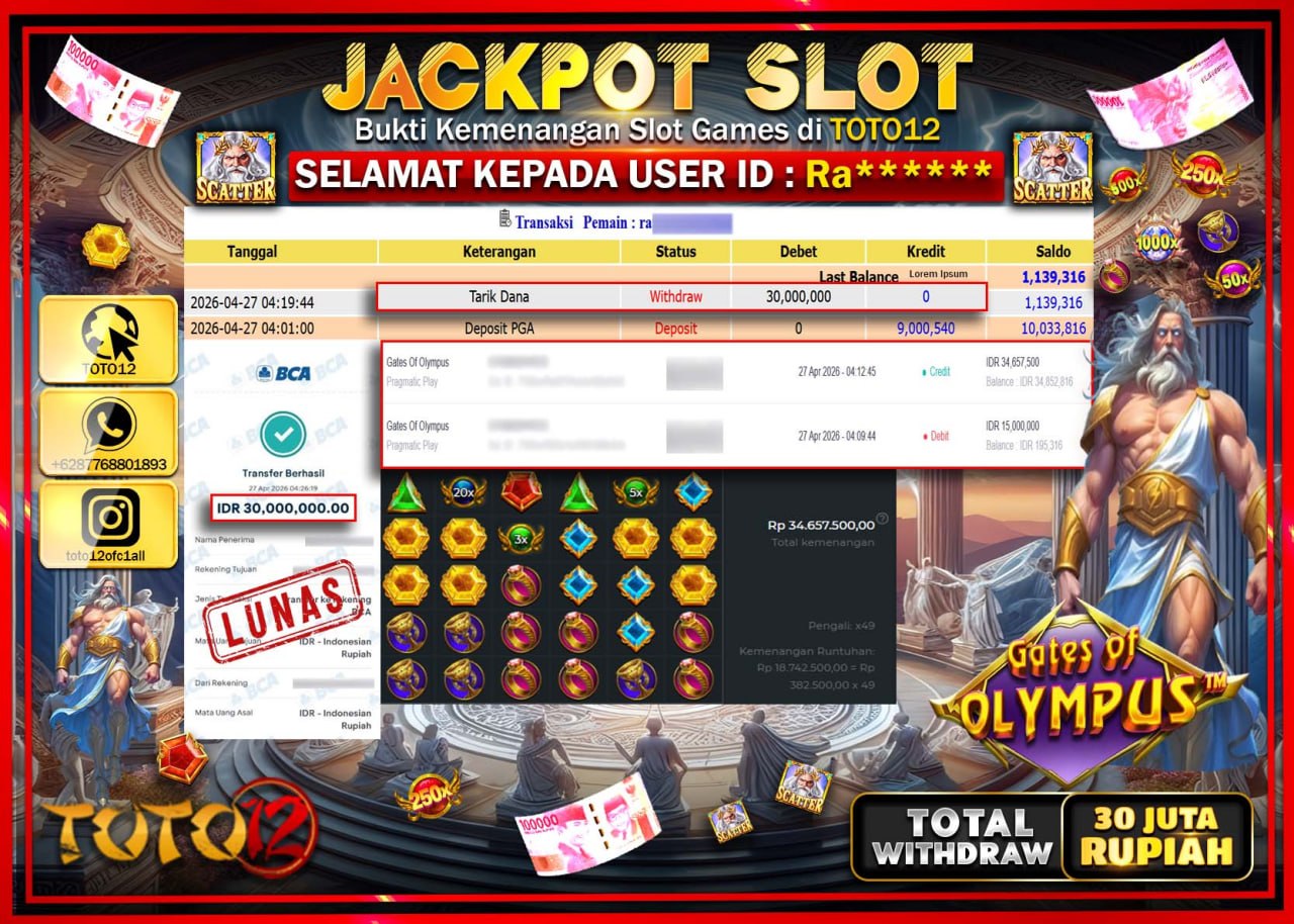 HANYA DI TOTO12 JP PASTI DI BAYAR LUNAS DAN CEPAT!!!!!! JACKPOT SLOT GAME (GATES OF OLYMPUS) Rp.30.000.000!!!!