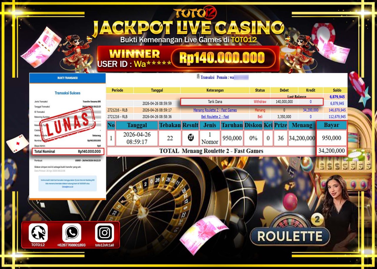 HANYA DI TOTO12 JP PASTI DI BAYAR LUNAS DAN CEPAT!!!!!! JACKPOT  LIVE GAME CASINO (ROULETTE 2) Rp.140.000.000!!!!
