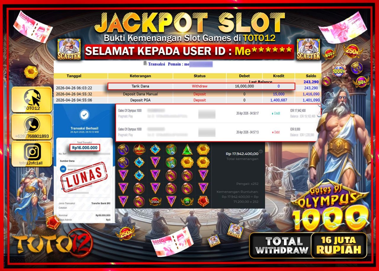 HANYA DI TOTO12 JP PASTI DI BAYAR LUNAS DAN CEPAT!!!!!! JACKPOT SLOT GAME (GATES OF OLYMPUS 1000) Rp.16.000.000!!!!