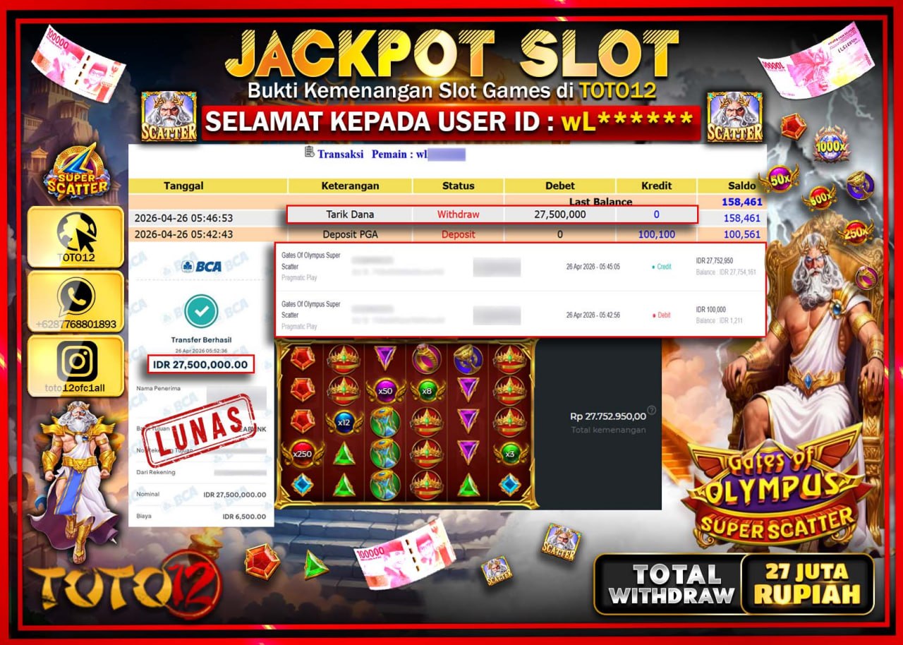 HANYA DI TOTO12 JP PASTI DI BAYAR LUNAS DAN CEPAT!!!!!! JACKPOT SLOT GAME (GATES OF OLYMPUS SUPER SCATTER) Rp.27.500.000!!!!