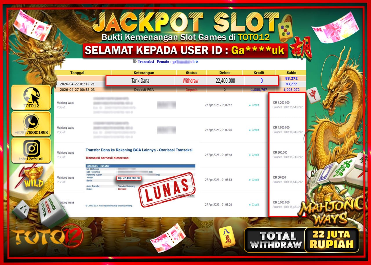 HANYA DI TOTO12 JP PASTI DI BAYAR LUNAS DAN CEPAT!!!!!! JACKPOT SLOT GAME (MAHJONG WAYS) Rp.22.400.000!!!!
