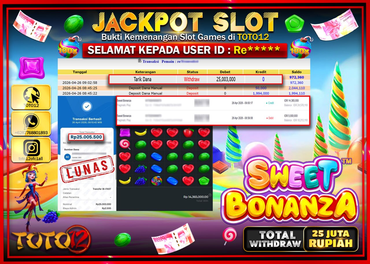 HANYA DI TOTO12 JP PASTI DI BAYAR LUNAS DAN CEPAT!!!!!! JACKPOT SLOT GAME (SWEET BONANZA) Rp.25.003.000!!!!