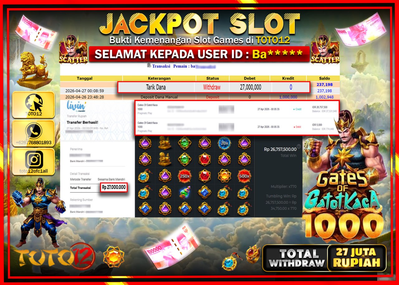 HANYA DI TOTO12 JP PASTI DI BAYAR LUNAS DAN CEPAT!!!!!! JACKPOT SLOT GAME (GATES OF GATOTKACA 1000) Rp.27.000.000!!!!