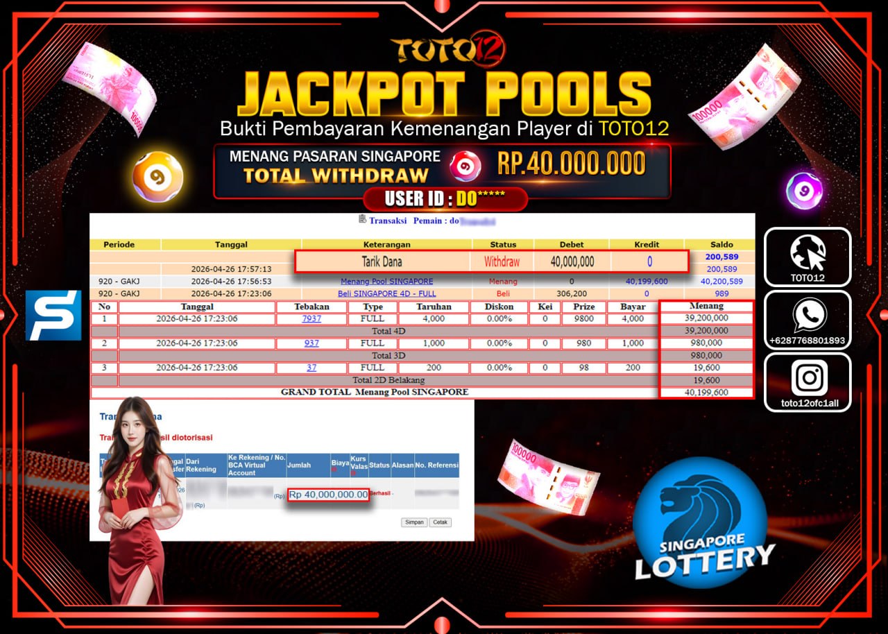 HANYA DI TOTO12 JP PASTI DI BAYAR LUNAS DAN CEPAT!!!!!! JACKPOT POOLS PASARAN( SINGAPORE ) Rp.40.000.000!!!!