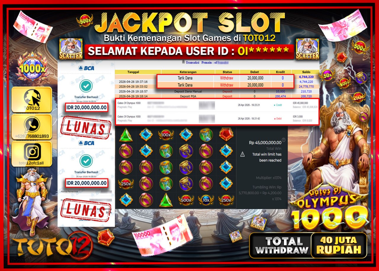 HANYA DI TOTO12 JP PASTI DI BAYAR LUNAS DAN CEPAT!!!!!! JACKPOT SLOT GAME (GATES OF OLYMPUS 1000) Rp.40.000.000!!!!