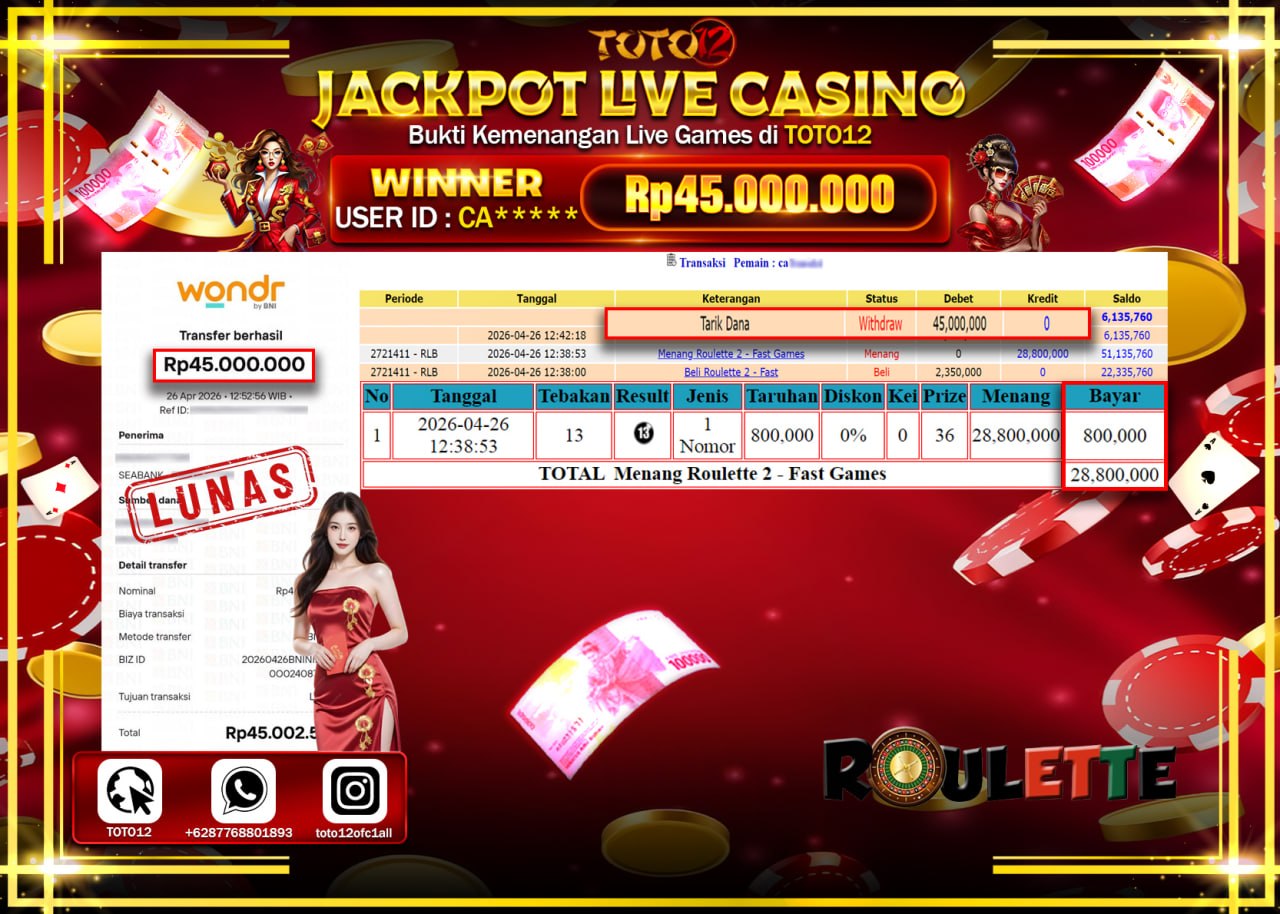HANYA DI TOTO12 JP PASTI DI BAYAR LUNAS DAN CEPAT!!!!!! JACKPOT  LIVE GAME CASINO (ROULETTE 2) Rp.45.000.000!!!!