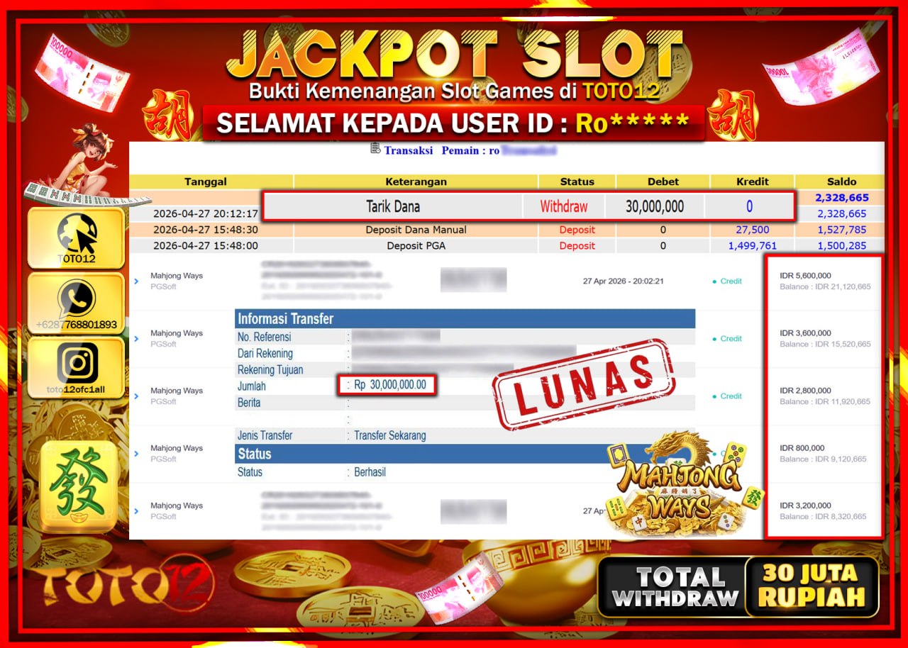 HANYA DI TOTO12 JP PASTI DI BAYAR LUNAS DAN CEPAT!!!!!! JACKPOT SLOT GAME (MAHJONG WAYS) Rp.30.000.000!!!!