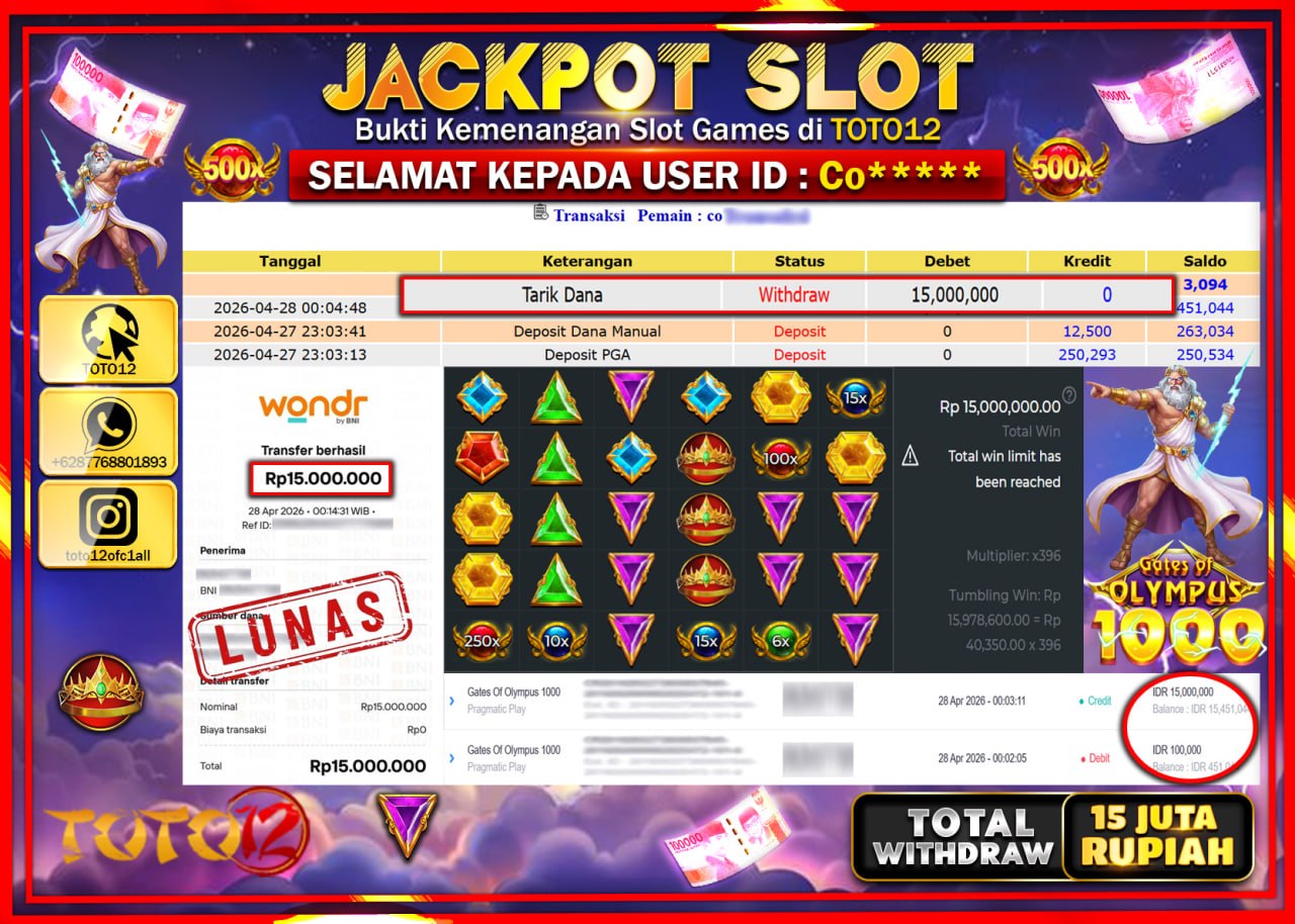 HANYA DI TOTO12 JP PASTI DI BAYAR LUNAS DAN CEPAT!!!!!! JACKPOT SLOT GAME (GATES OF OLYMPUS 1000) Rp.15.000.000!!!!