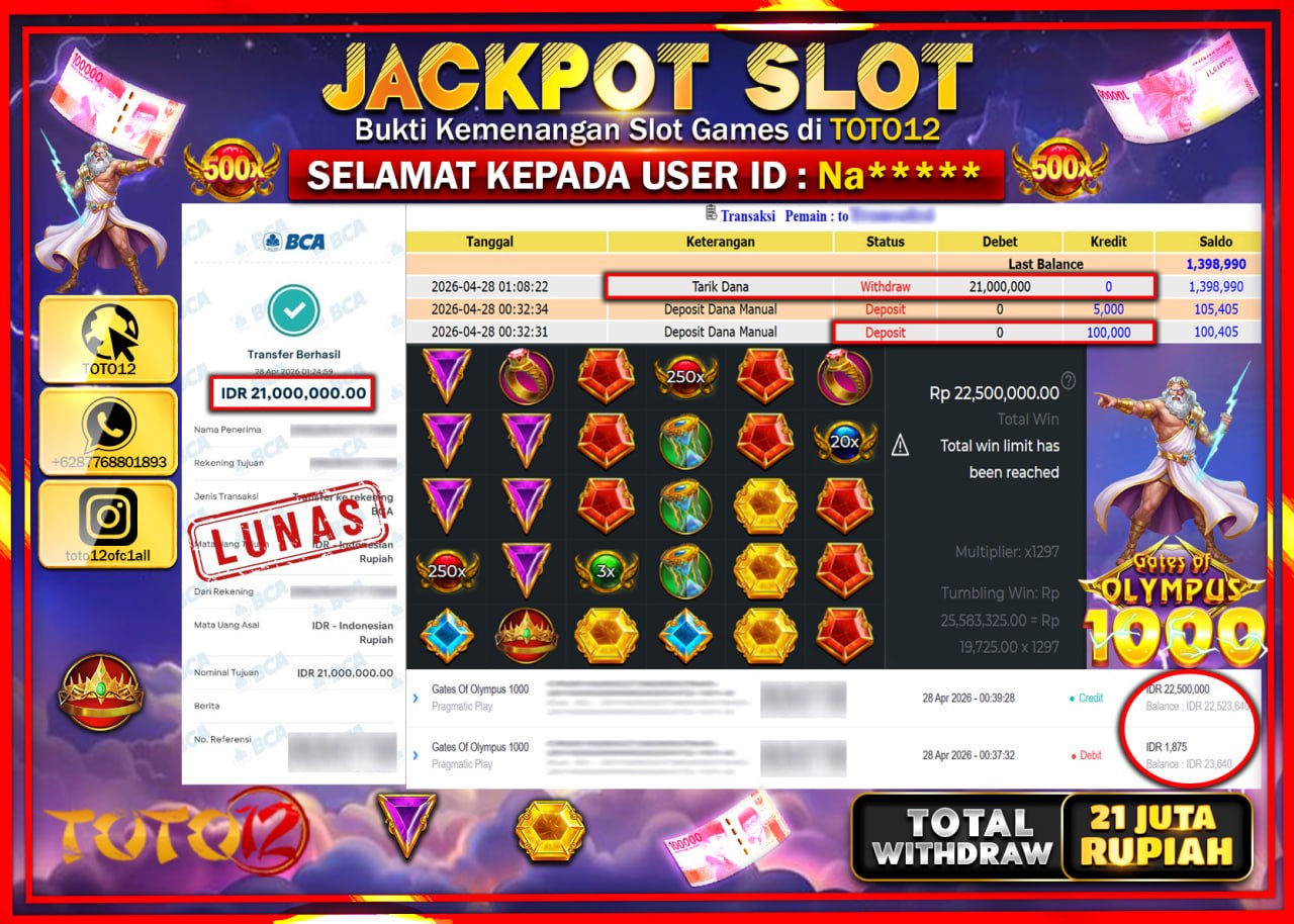 HANYA DI TOTO12 JP PASTI DI BAYAR LUNAS DAN CEPAT!!!!!! JACKPOT SLOT GAME (GATES OF OLYMPUS 1000) Rp.21.000.000!!!!