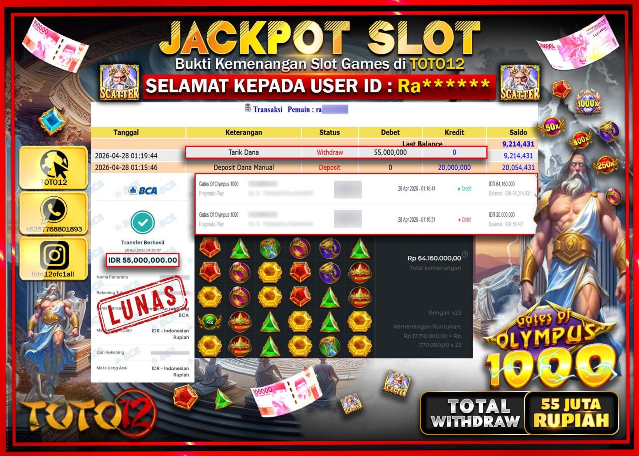 HANYA DI TOTO12 JP PASTI DI BAYAR LUNAS DAN CEPAT!!!!!! JACKPOT SLOT GAME (GATES OF OLYMPUS 1000) Rp.55.000.000!!!!