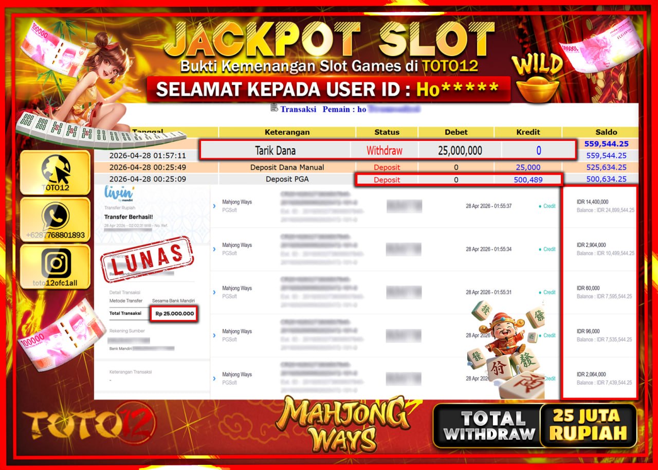 HANYA DI TOTO12 JP PASTI DI BAYAR LUNAS DAN CEPAT!!!!!! JACKPOT SLOT GAME (MAHJONG WAYS) Rp.25.000.000!!!!
